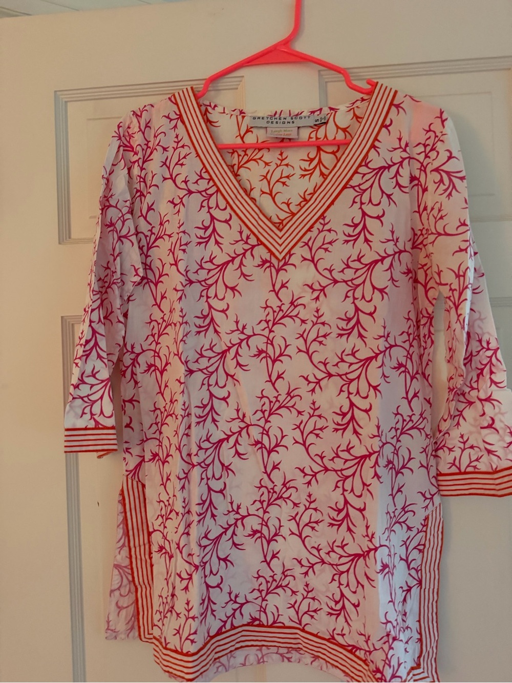 Gretchen Scott Designs White Tunic with Pink Coral Motif and Orange Stripe Trim